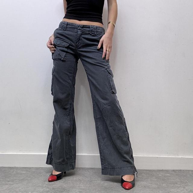Navy distressed flared cargo trousers