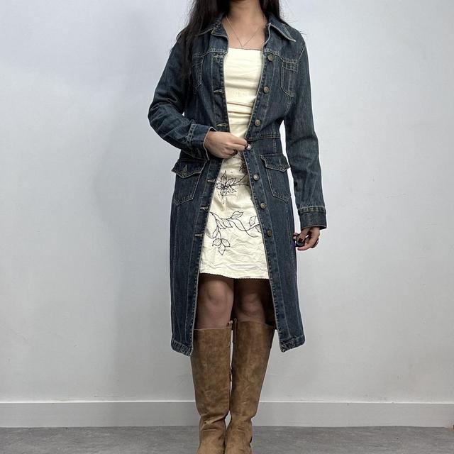 Long mid-wash denim trench coat mac