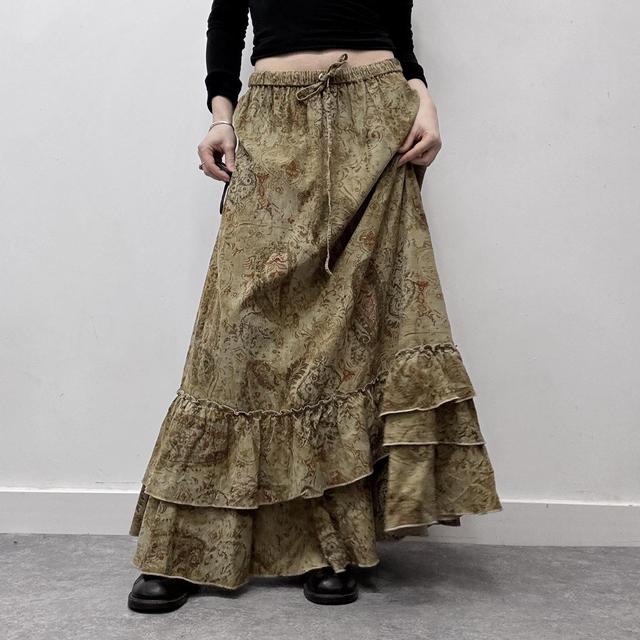 Corduroy flared ruffle paisley maxi skirt