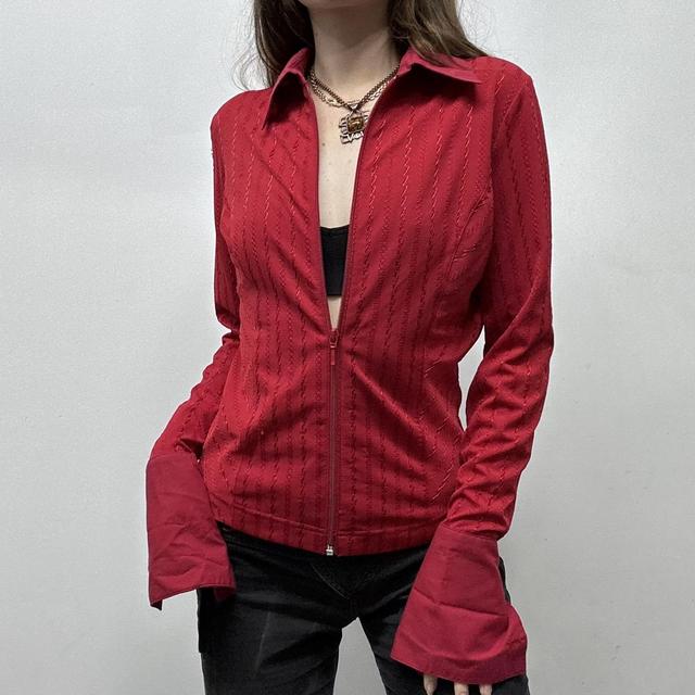 Red zip up pinstripe flared shirt