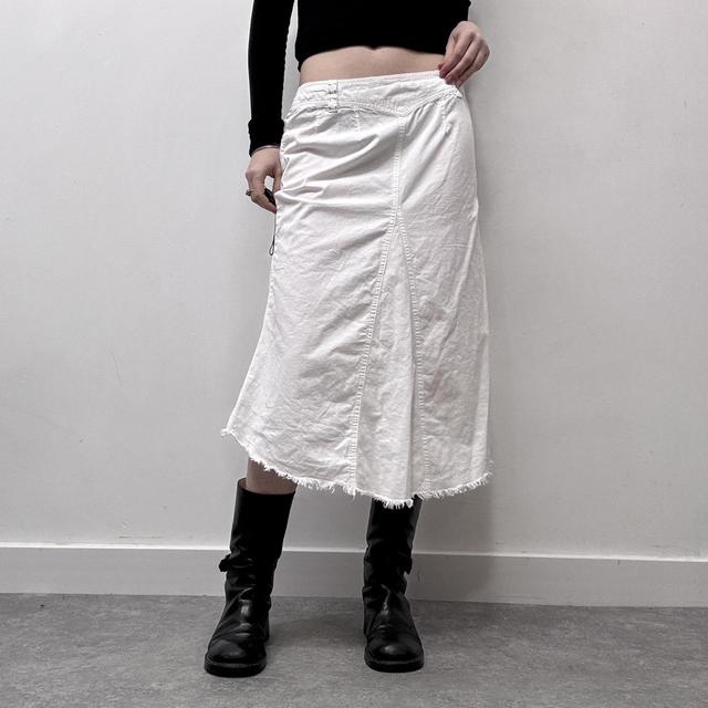 White flared distressed midi skirt