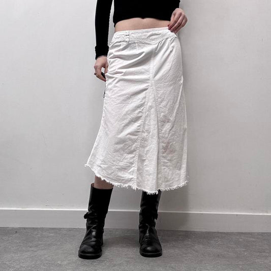 White flared distressed midi skirt