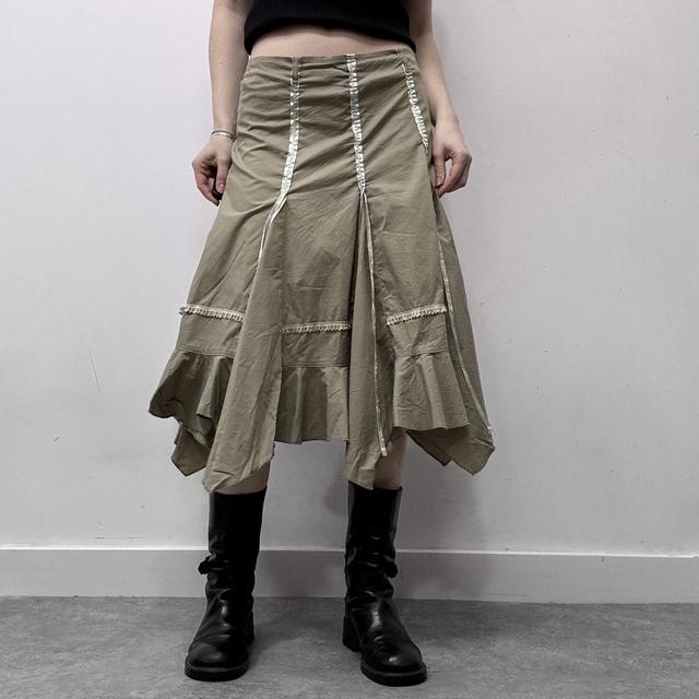 Khaki ribbon asymmetric midi skirt