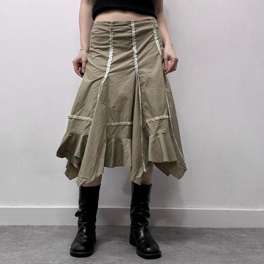 Khaki ribbon asymmetric midi skirt