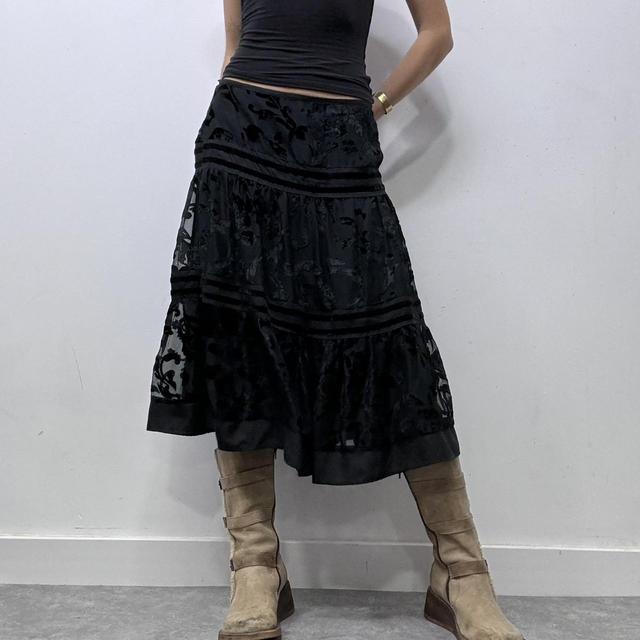 Black tiered velvet floral patterned midi skirt