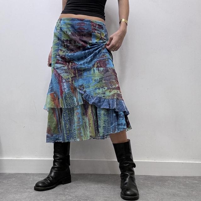 Blue printed graphic mesh y2k midi skirt