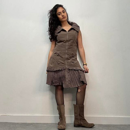 Brown pleated flared cargo dress