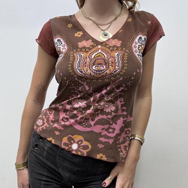 Y2k Paisley printed brown baby tee