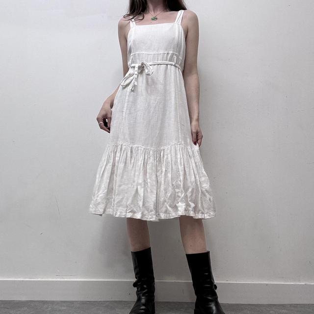 White linen pleated midi dress
