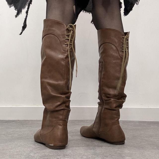 Faux leather lace up slouchy boots