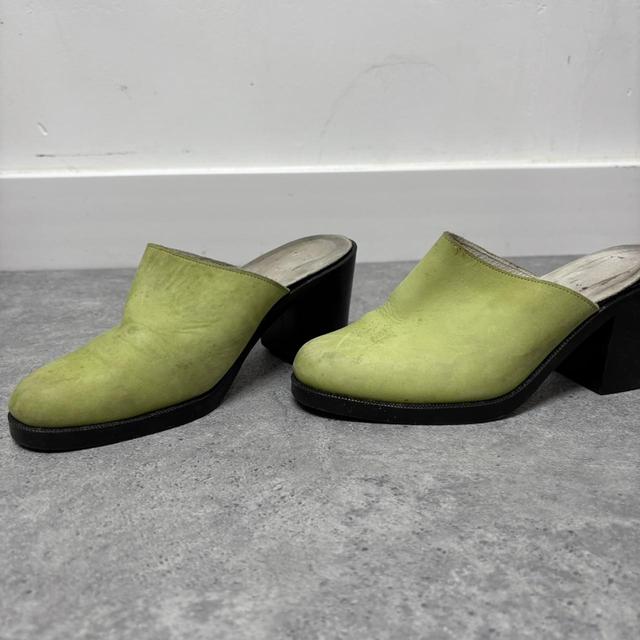 Green leather heel mules