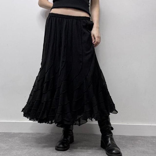 Black layered ruffle gothic midi skirt