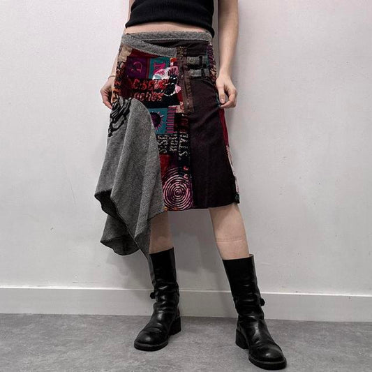 Graphic asyemmetric patterned tweed skirt