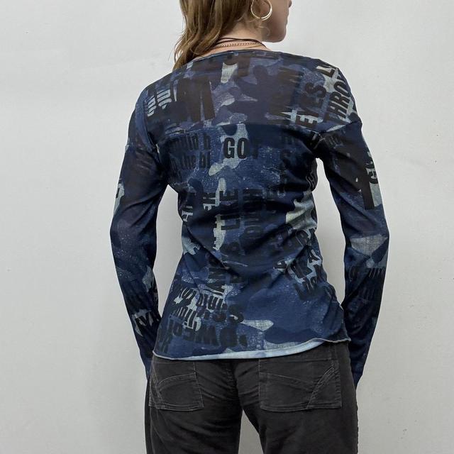 Sheer blue micro mesh text top