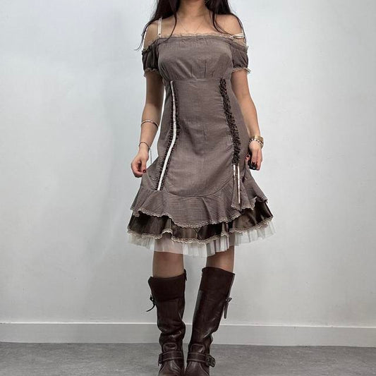 Brown coquette ruffle lace dress