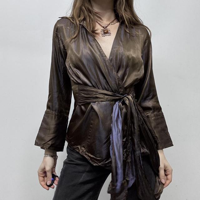 Two tone brown silky wrap shirt