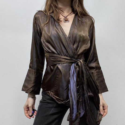 Two tone brown silky wrap shirt