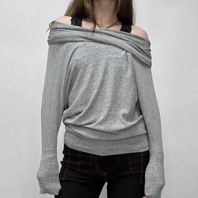 Grey knit slouchy wide neck jumper