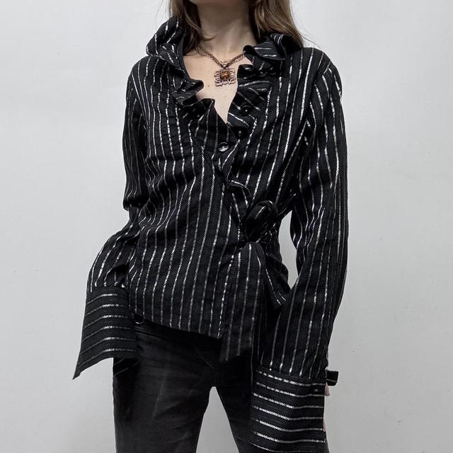 Black pinstripe wrap ruffle shirt