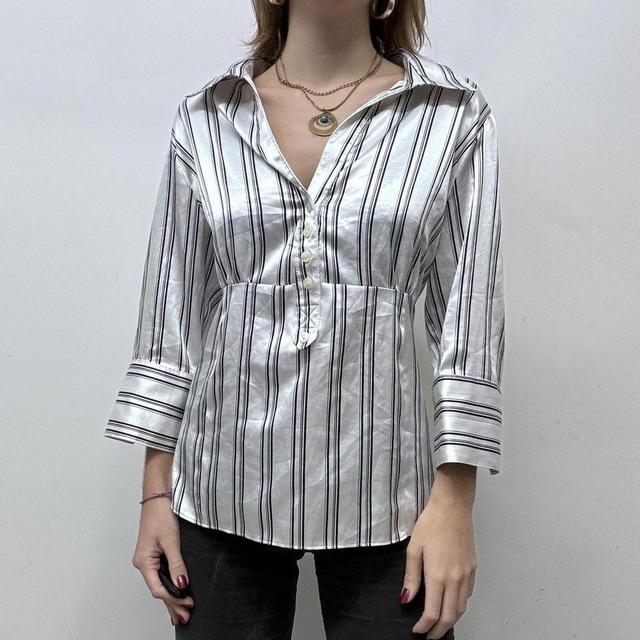 Satin pinstripe flared office shirt