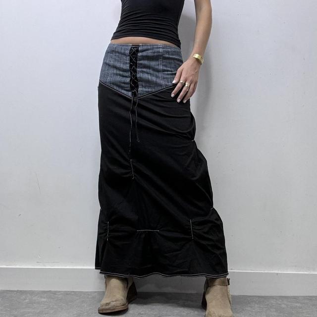 Denim panelled ruched maxi skirt