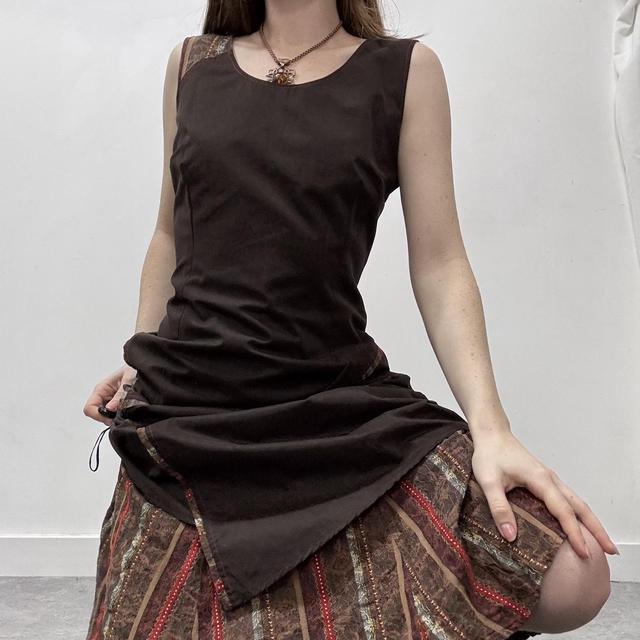 Brown pinstripe asymmetric maxi dress
