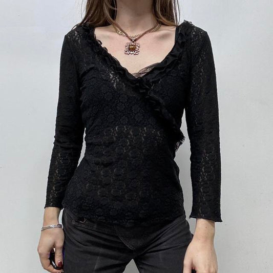 Black sheer lace wrap ruffle shirt