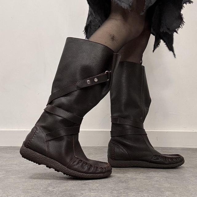 Brown leather slouchy wrap cargo boots