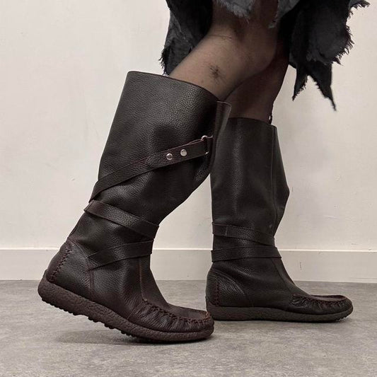 Brown leather slouchy wrap cargo boots