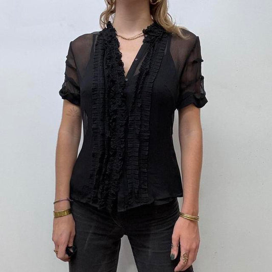 Sheer black ruffle gothic lace shirt