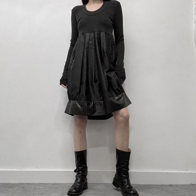 Pinstripe nylon pleated puff mini dress