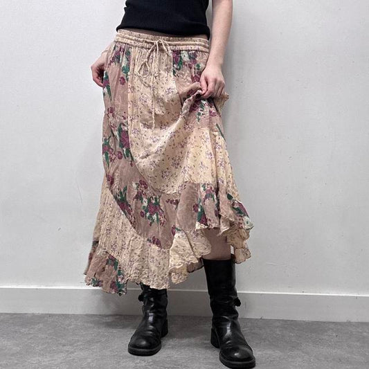 Sheer patchwork floral ruffle skirt