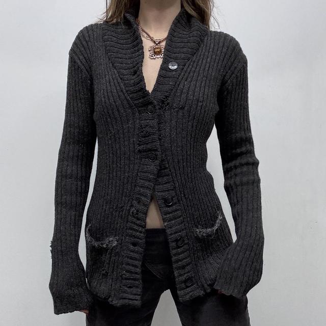 Dark grey slouchy ribbed knit cardigan