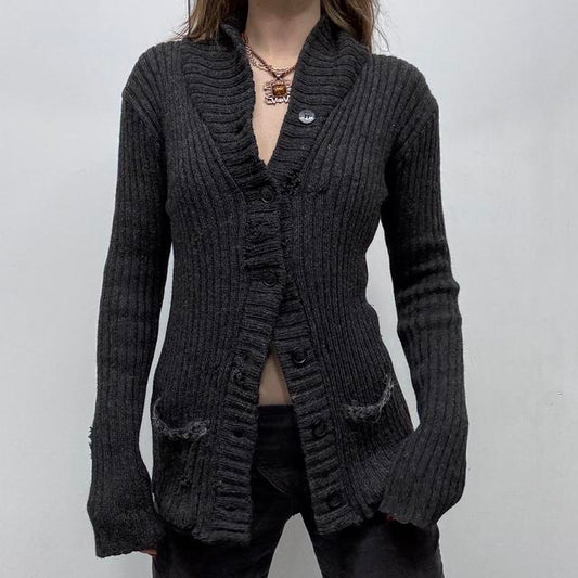 Dark grey slouchy ribbed knit cardigan
