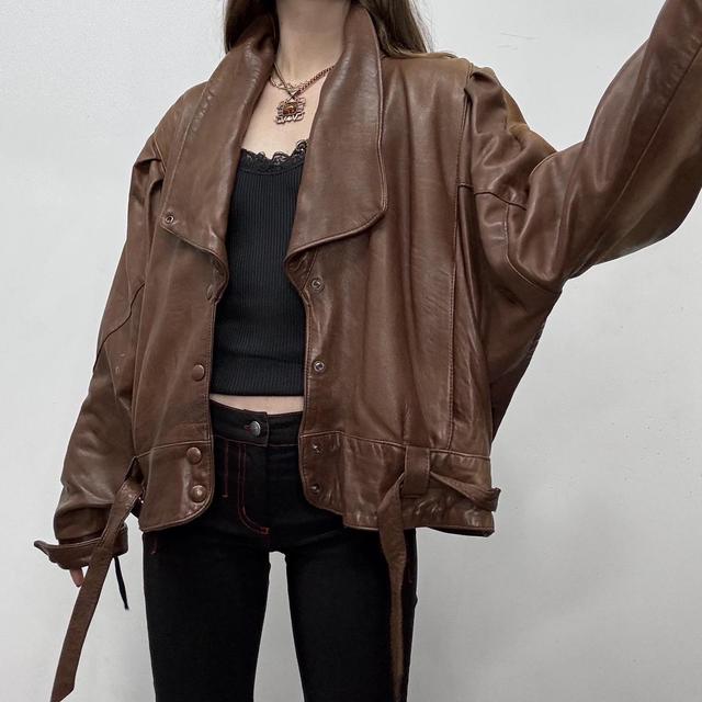 Brown leather batwing biker jacket