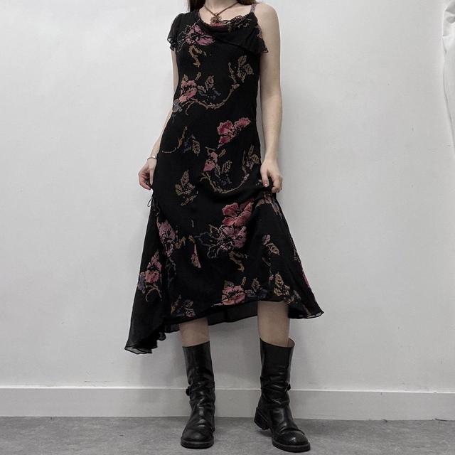 Black silk graphic floral dress
