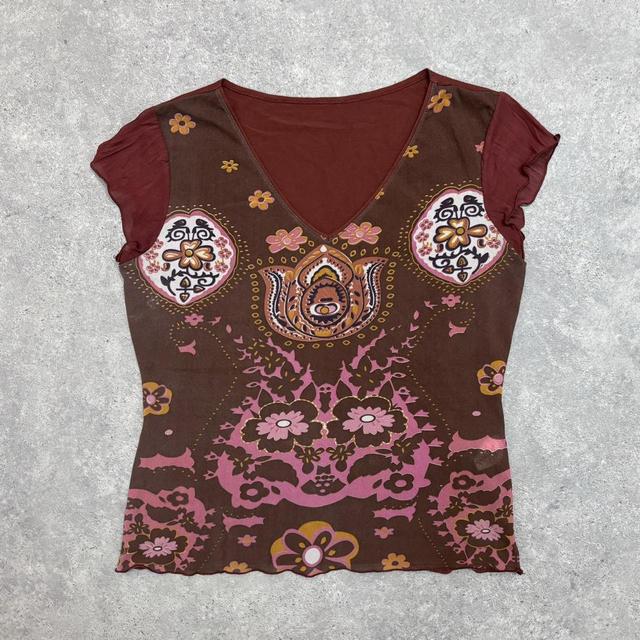 Y2k Paisley printed brown baby tee