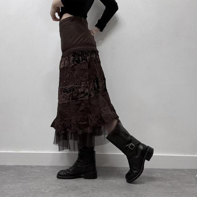 Brown velvet lace midi skirt