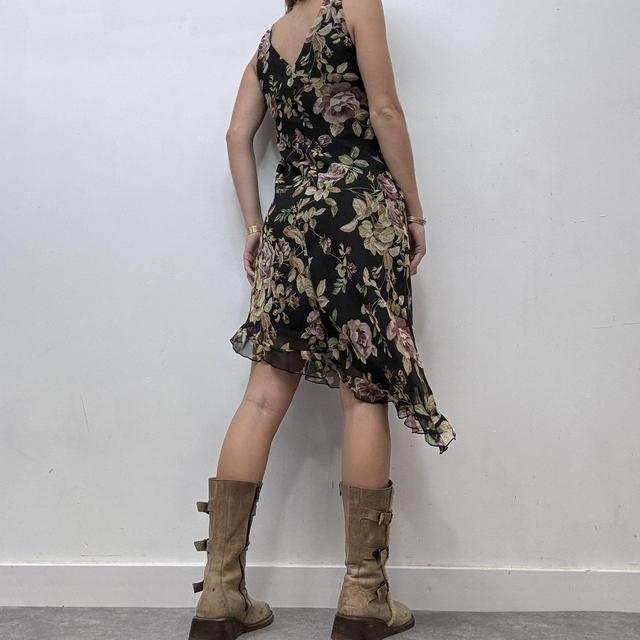 Black sheer ruffle floral printed midi dress