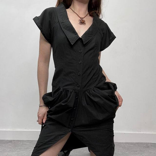 Black puff pleated midi dress