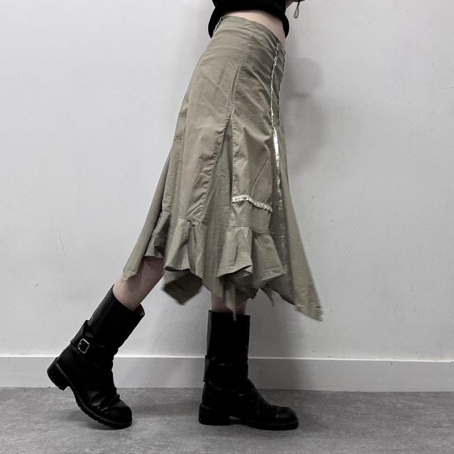 Khaki ribbon asymmetric midi skirt