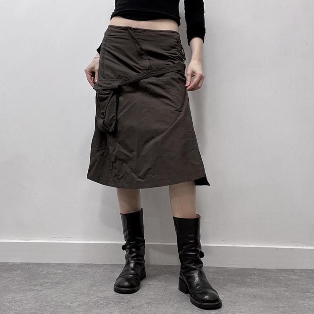 Brown pinstripe flared cargo midi skirt