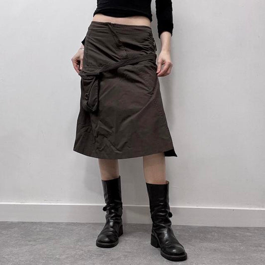 Brown pinstripe flared cargo midi skirt