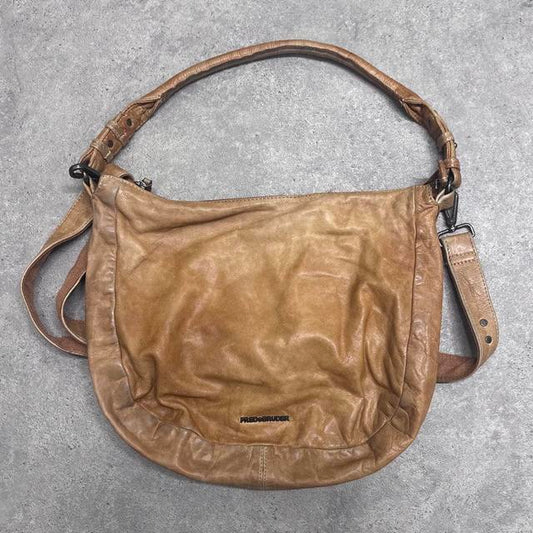 Tan leather slouchy distressed shoulder bag