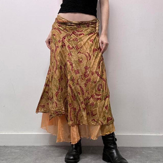 Layered paisley boho silk skirt
