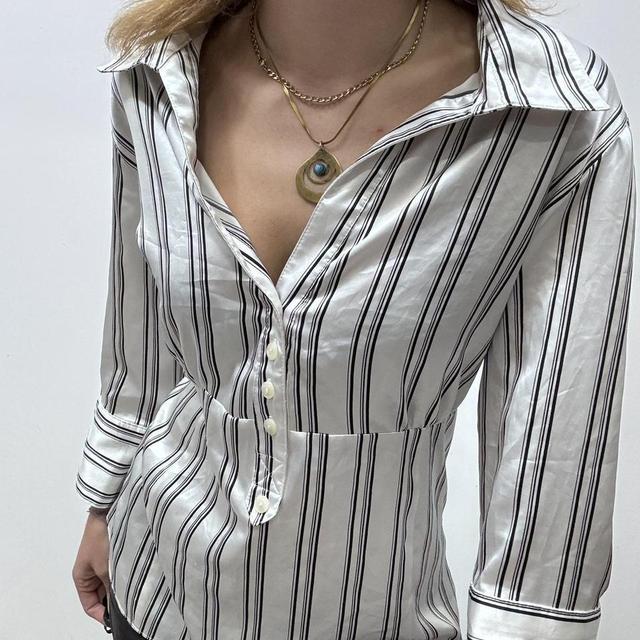 Satin pinstripe flared office shirt