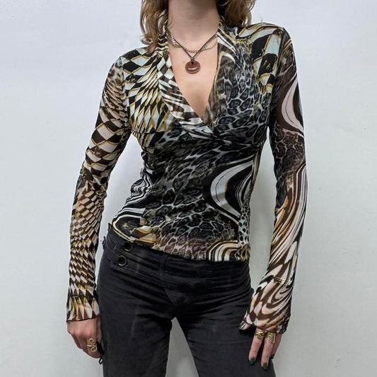 Graphic patterned micro mesh long sleeve tshirt