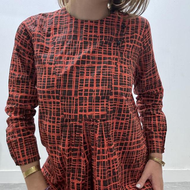 Graphic checked print flared puff mini dress