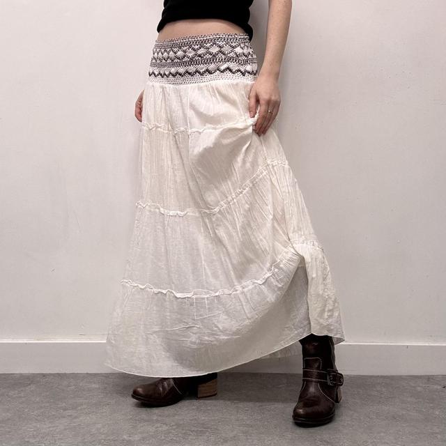 White cotton tiered embroidered maxi skirt