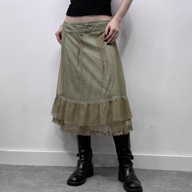Green layered sheer mesh ruffle midi skirt